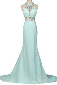 Chic Mermaid Halter Top With Train Zipper Dress for Prom Light Blue and In for Prom and Party with Beading Brush Train