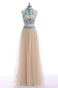 Pretty Sleeveless Beading and Appliques and Belt Zipper Prom Evening Gown