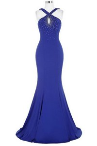 Mermaid Halter Top Royal Blue Elastic Woven Satin Zipper Sleeveless With Brush Train Beading