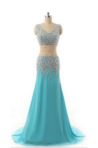 Glittering Sleeveless Asymmetrical Beading Zipper Prom Dress with Aqua Blue