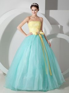 Yellow and Aqua Blue Tulle Quinceanera Gowns with Flowery Sash