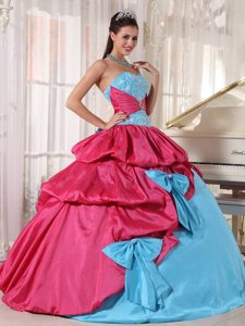 Aqua Blue and Hot Pink Taffeta Quinceanera Gowns with Bowknots