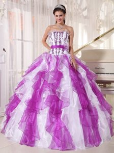 Estes Park CA Appliqued Ruffled Purple and White Quinceanera Gown