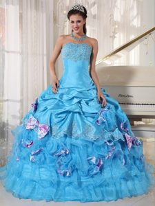 Bowknots and Appliques Accent Blue Taffeta Quinceanera Gown Dress