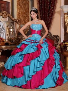 Aqua Blue and Fuchsia Quinceanera Dress with Appliques Ruffles