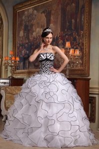 Zebra Appliques Ruffles Strapless Sweet Sixteen Dress in White