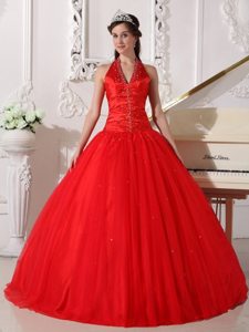 Visalia CA Red Halter Beaded Sweet 15 Dresses with Lace-up Back