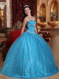 Spaghetti Straps Blue Sweet 15 Dresses with Sequins Over Skirt