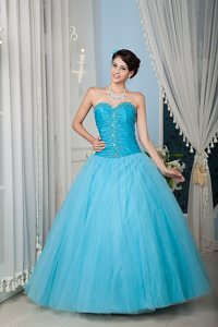 Aqua Blue Taffeta and Tulle Dresses for Quinceanera with Beading