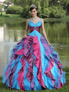 Fuchsia and Blue Spaghetti Straps Zebra Print Quinceanera Dress