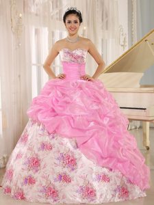Printing Sweetheart Pick ups Beading Pink Dress for Quinceanera