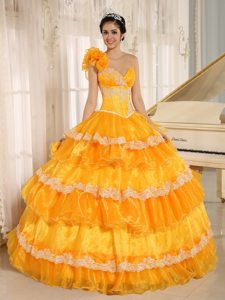Flowery One Shoulder Orange Dresses for Quinceanera with Ruffles