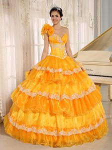 Flowery One Shoulder Orange Dresses for Quinceanera with Ruffles