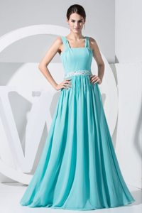 Simple Style Straps Aqua Blue Beaded Long Prom Evening Dress