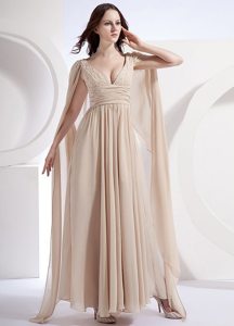 V-neck Chiffon Champagne Watteau Train Prom formal Dress