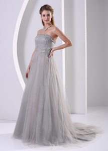 Custom Made Strapless Sweep Train Grey Prom Party Dress