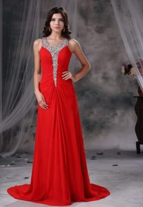 Scoop Neck Brush Train Rhinestones Red Prom Dressed 2014