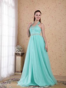 Discount Lace-Up Halter Lime Green Beaded Dress for Prom
