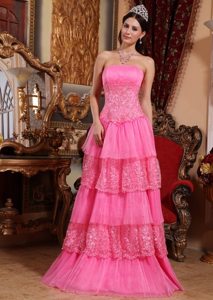 Cheap Empire Ruffled Layers Appliqued Pink Prom Dresses