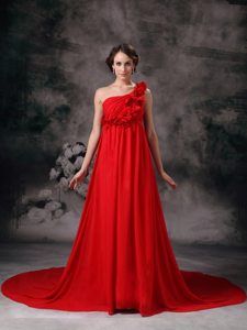 Cheap One Shoulder Court Train Flowers Red Prom formal Dress