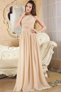 Important Champagne Chiffon Halter Ruched Long Prom Dress