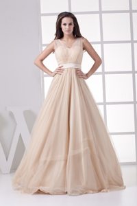 Champagne Tulle V-neck Long Dress for Prom in Staffordshire