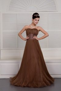 Free Shipping A-line Pleated Brush Train Brown Prom Dresses