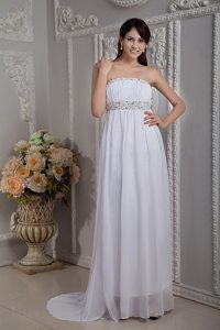 Discount Brush Train Strapless White Beaded Prom Dress