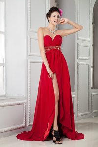 2014 Free Shipping Empire Beaded Slitted Red Prom Dress