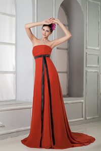 Cheap Rust Red Strapless Dresses for Prom with Black Sash