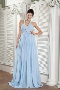 Custom Made Halter Beaded Baby Blue Prom Dress for Women