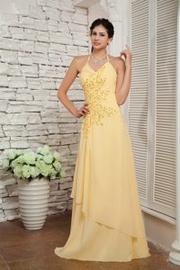 Halter top Chiffon Light Yellow Appliqued Dresses for Prom