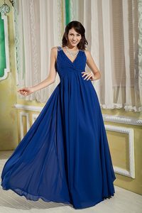 V-neck Peacock Blue Prom Party Dress with Beading and Ruche