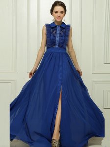 High-neck Sleeveless Prom Dresses With Brush Train Appliques Blue Chiffon
