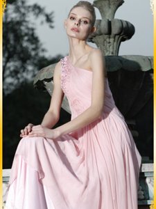 Unique Baby Pink Empire One Shoulder Sleeveless Chiffon Floor Length Side Zipper Ruching and Hand Made Flower Prom Dress