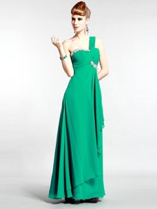 Exceptional Green Column/Sheath One Shoulder Sleeveless Chiffon Floor Length Zipper Beading Prom Dress