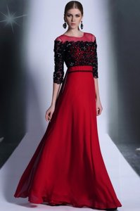 Custom Design Scoop Red And Black Column/Sheath Beading and Appliques Prom Dress Clasp Handle Chiffon 3|4 Length Sleeve Floor Length