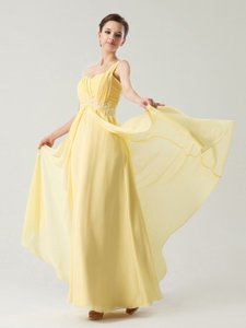 Modest One Shoulder Sleeveless Chiffon Ankle Length Zipper Prom Dress in Light Yellow for with Beading and Ruching