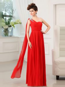 Custom Designed One Shoulder Beading and Sashes|ribbons and Ruching Prom Dress Red Zipper Sleeveless Floor Length