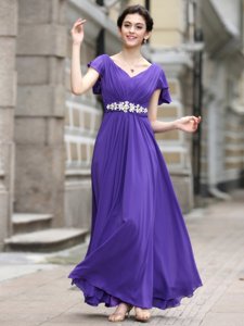 Chiffon Cap Sleeves Ankle Length Dress for Prom and Beading and Appliques and Ruching