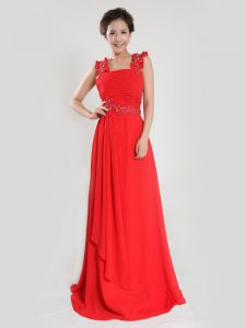 Coral Red Column/Sheath Straps Sleeveless Chiffon Floor Length Zipper Beading and Ruching Prom Dresses