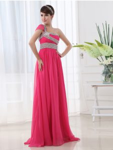 One Shoulder Cap Sleeves Chiffon With Brush Train Side Zipper Prom Gown in Hot Pink for with Beading and Ruching