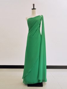 One Shoulder Long Sleeves Evening Dress Floor Length Ruching Green Chiffon