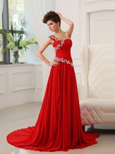 Adorable One Shoulder Red Chiffon Zipper Sleeveless With Train Sweep Train Beading and Ruching