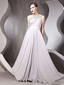 Stylish One Shoulder Sleeveless Floor Length Beading Side Zipper Prom Dresses with Silver