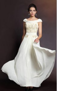 New Style Column/Sheath Prom Dresses White Bateau Chiffon Cap Sleeves Floor Length Side Zipper