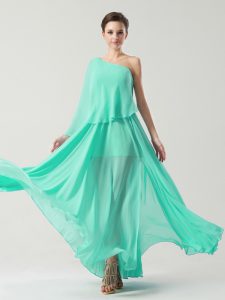 One Shoulder Sleeveless Evening Dress Ankle Length Ruching Turquoise Chiffon