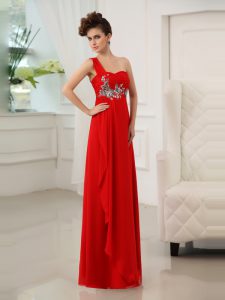 One Shoulder Sleeveless Floor Length Beading and Appliques and Ruching Zipper Prom Party Dress with Red