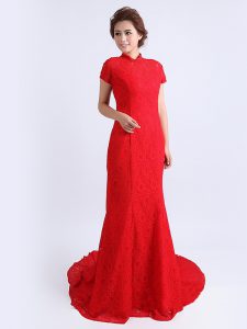 Excellent Red High-neck Neckline Lace Cap Sleeves Backless