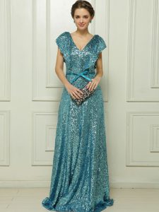 Teal Sequined Zipper V-neck Sleeveless Floor Length Dress for Prom Sequins and Bowknot